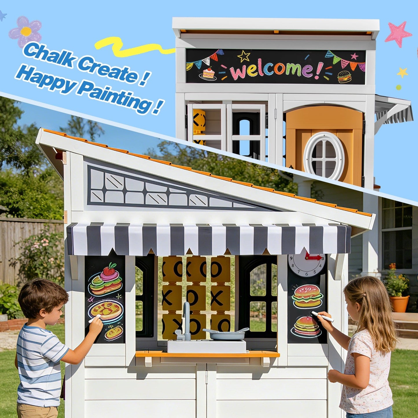 Kids Outdoor Playhouse, Large Cedar Wooden Playhouse with Play Kitchen, Tic-Tac-Toe, Chalkboard, Doorbell, Dutch Door & Pet Door for Backyard & Garden Play