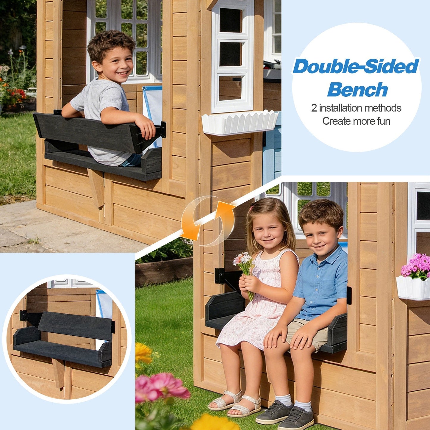 Kids Outdoor Playhouse, Wooden Outside Playhouse, Kids Playhouse for Backyard Garden with Play Kitchen, Chalkboard, Windows, Flower Pot, Birdcage, Bench & Pet Door