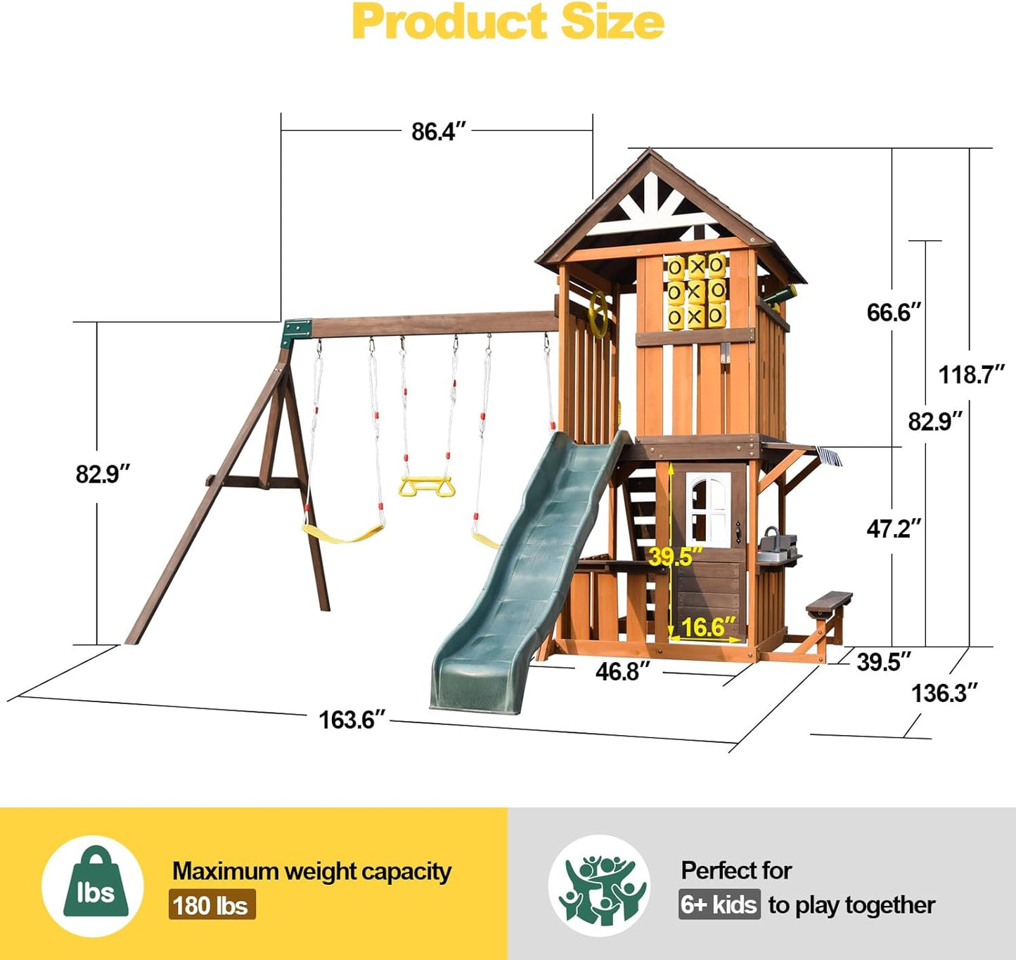 Cedar Wood Swing Set with Wave Slide, Play Kitchen, Rock Wall Ladder, Belt Swings, Toy Telescope, Steering Wheel, Tic-Tac-Toe, Balconies, Outdoor Playhouse Playground Set for Backyard Garden