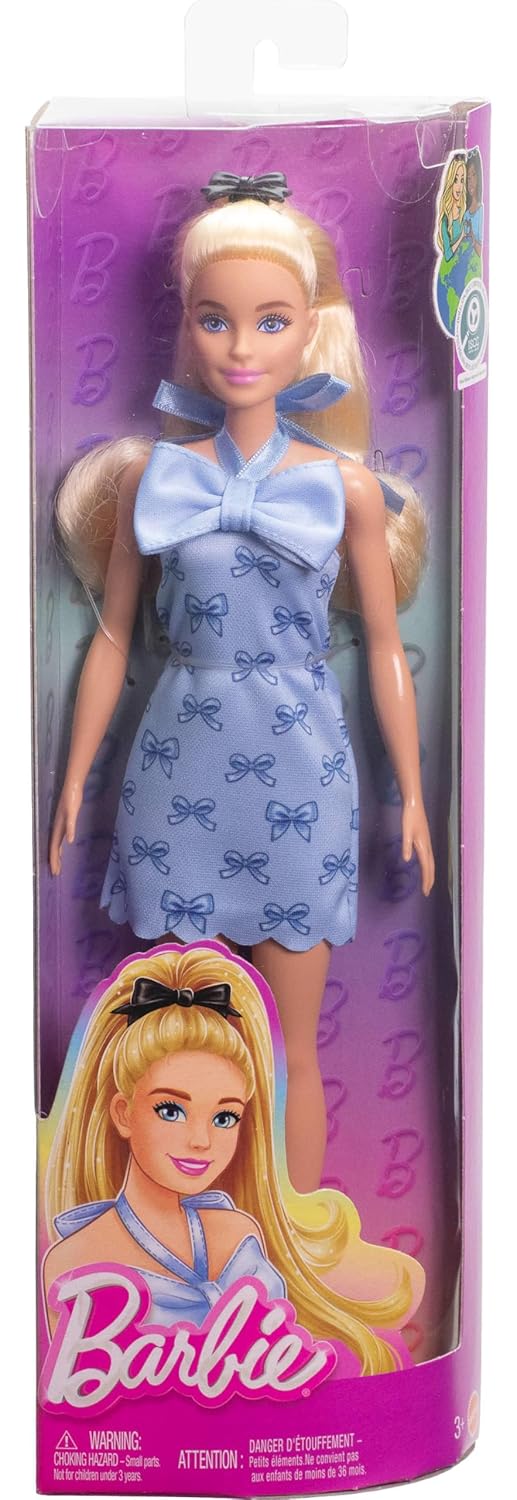 Barbie Fashionistas Doll #237 in Blue Bow Halter Dress, Blonde Ponytail With Bow Accessory for Kids Ages 3+