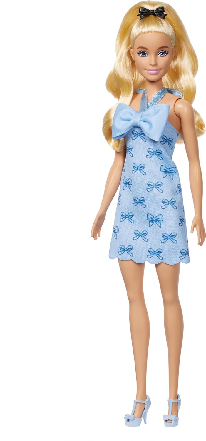 Barbie Fashionistas Doll #237 in Blue Bow Halter Dress, Blonde Ponytail With Bow Accessory for Kids Ages 3+