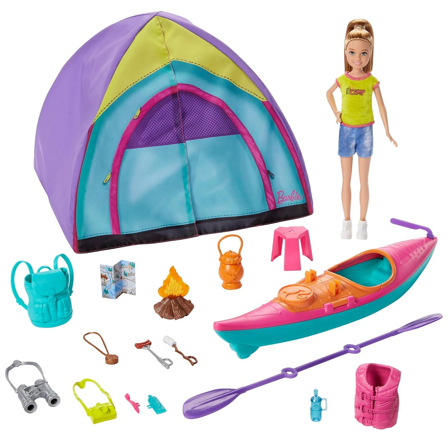 Barbie Team Stacie Doll & Accessories Set with Toy Tent, Kayak & 15+ Pieces Accessories for Kids Ages 3 Years & Above