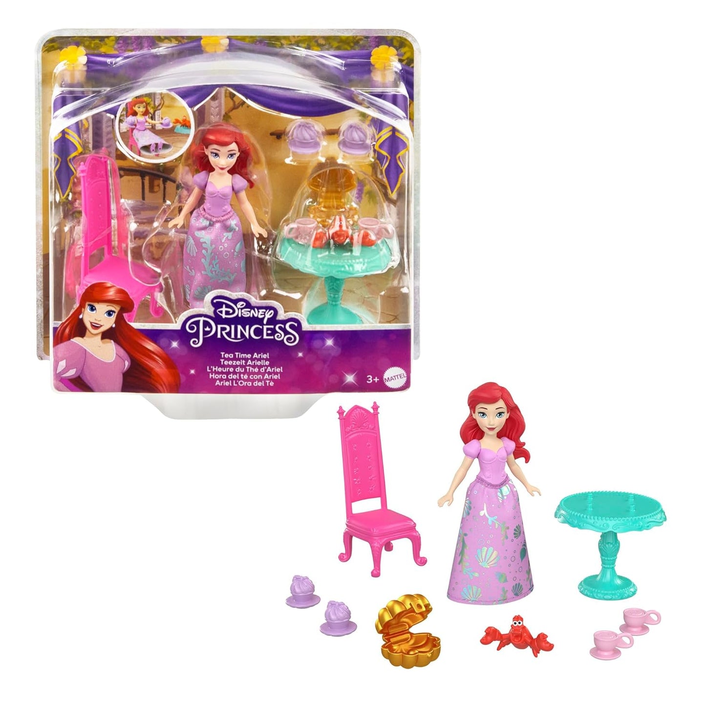Disney Princess Ariel Small Doll with Sebastian Figure, Furniture and Tea Party Pieces Inspired by The Little Mermaid Movie