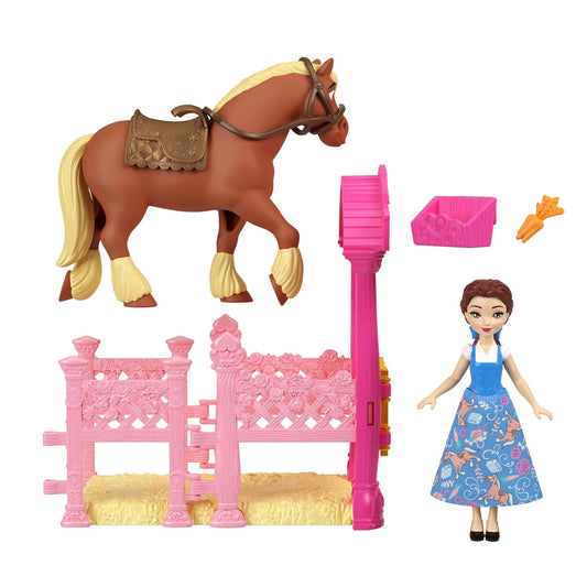 Disney Princess Belle Small Doll & Philippe Horse with Stable Playset, Saddle & Accessories, Storytime Stackers, Inspired by Movie