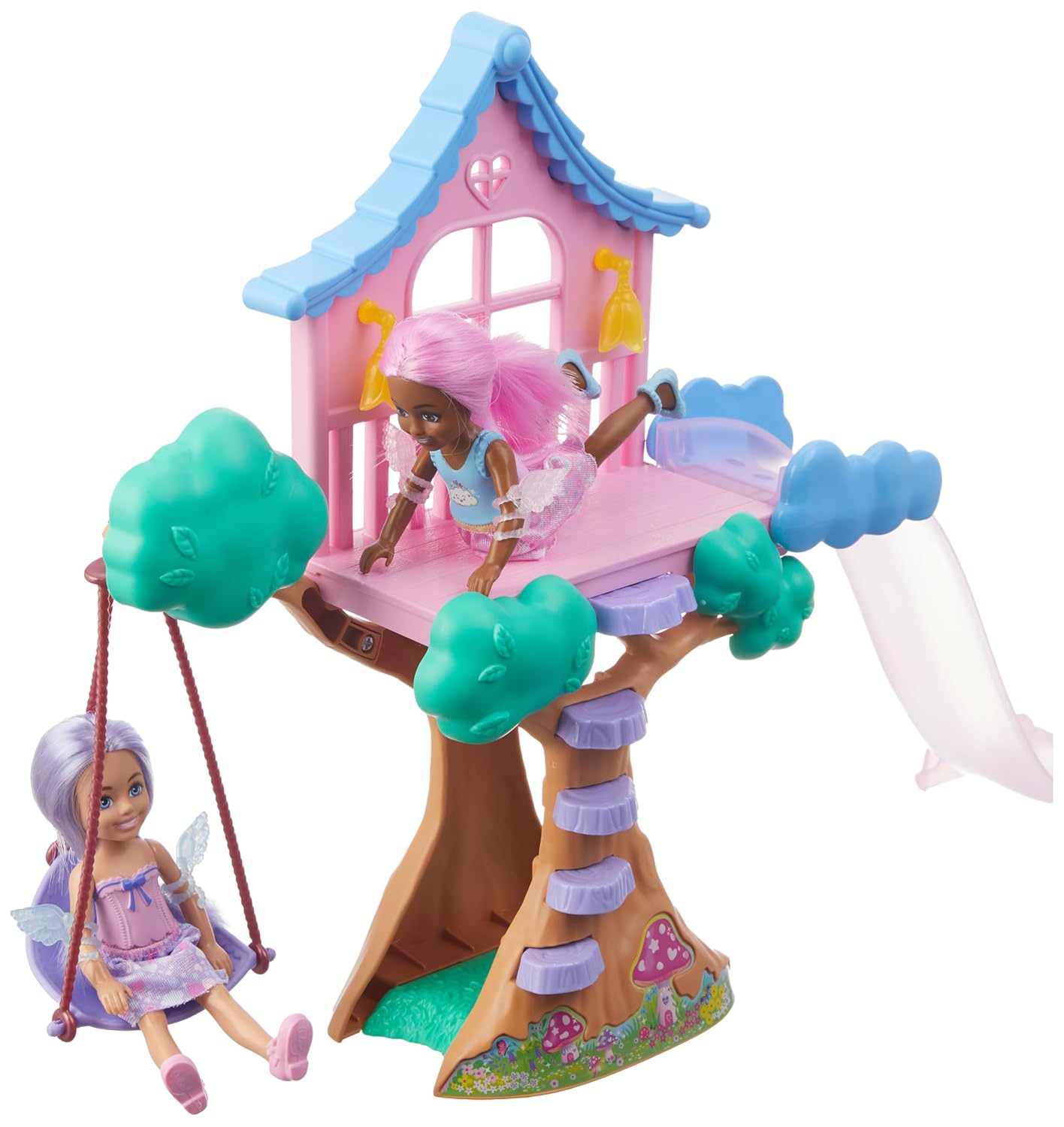 Barbie Treehouse Playset with 2 Chelsea Small Dolls, Toy Car, Swing, Slide, Seesaw, Fairy Wing Accessories & Sticker Sheet for Ages 3+