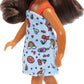 Barbie Chelsea Doll, Small Doll Wearing Removable Blue Dress with Colorful Print & Pink Shoes, Brown Hair & Green Eyes
