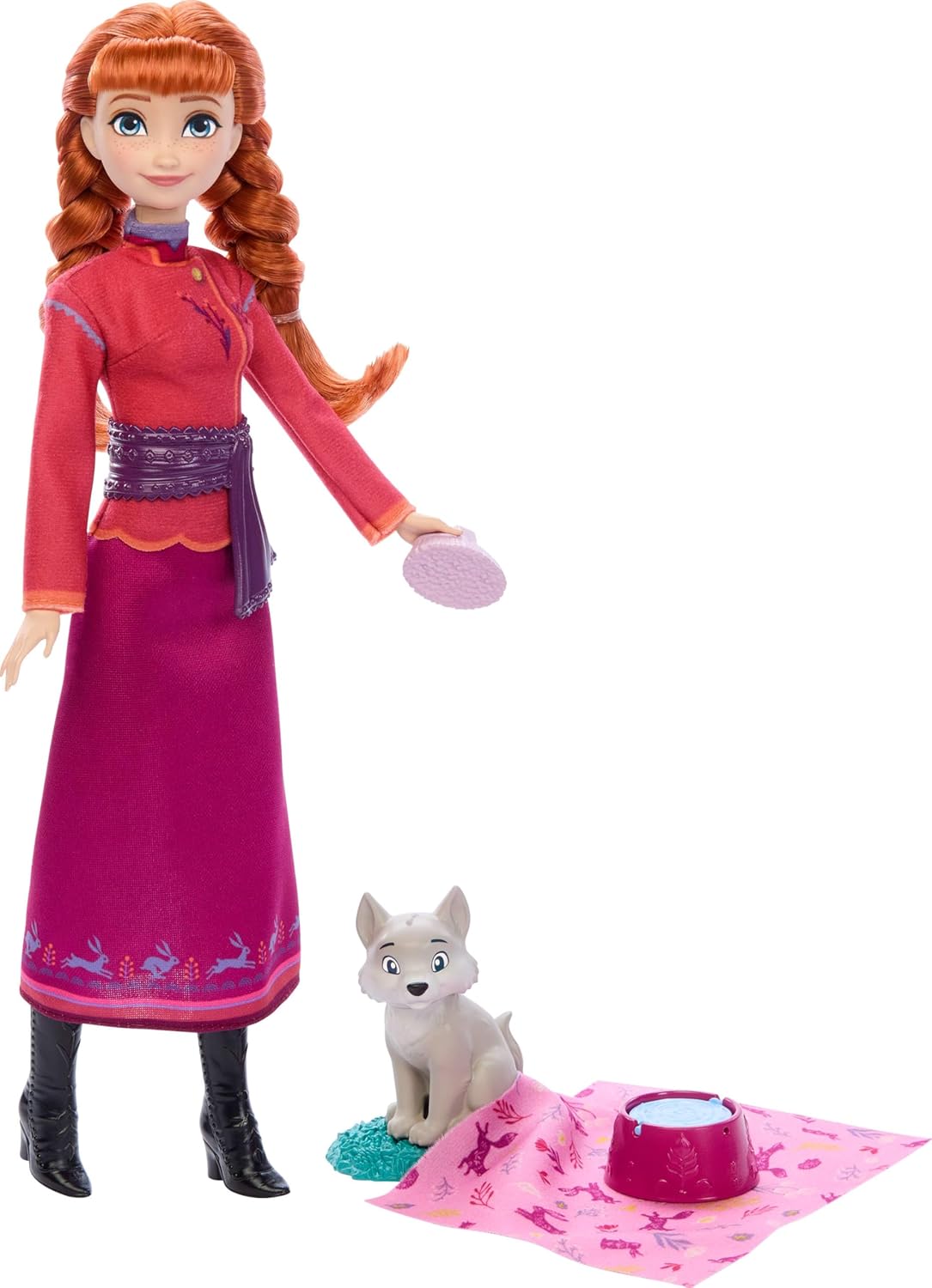 Disney Frozen Anna Fashion Doll and Wolf Cub Figure with 4 Accessories Including Pet Bed and Duvet Inspired by the Animals from Arendelle