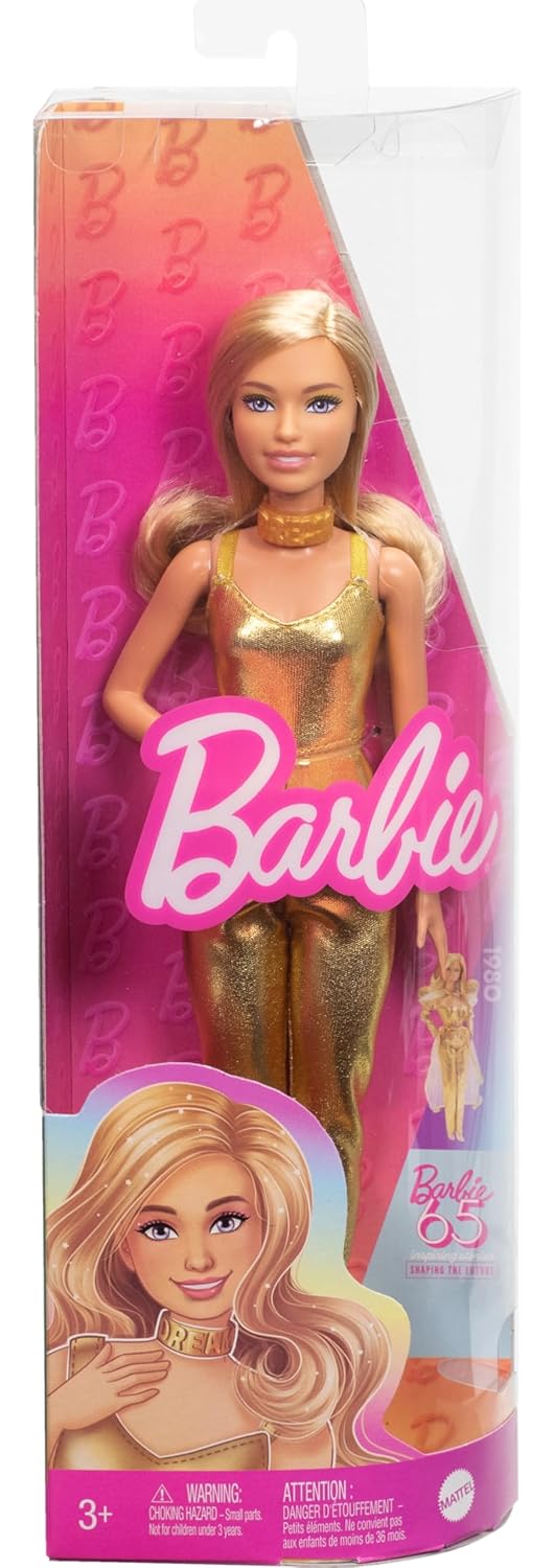 Barbie Fashionistas Doll #222, Petite With Blonde Wavy Hair, Golden Jumpsuit, 65th Anniversary Doll For Kids Ages 3+