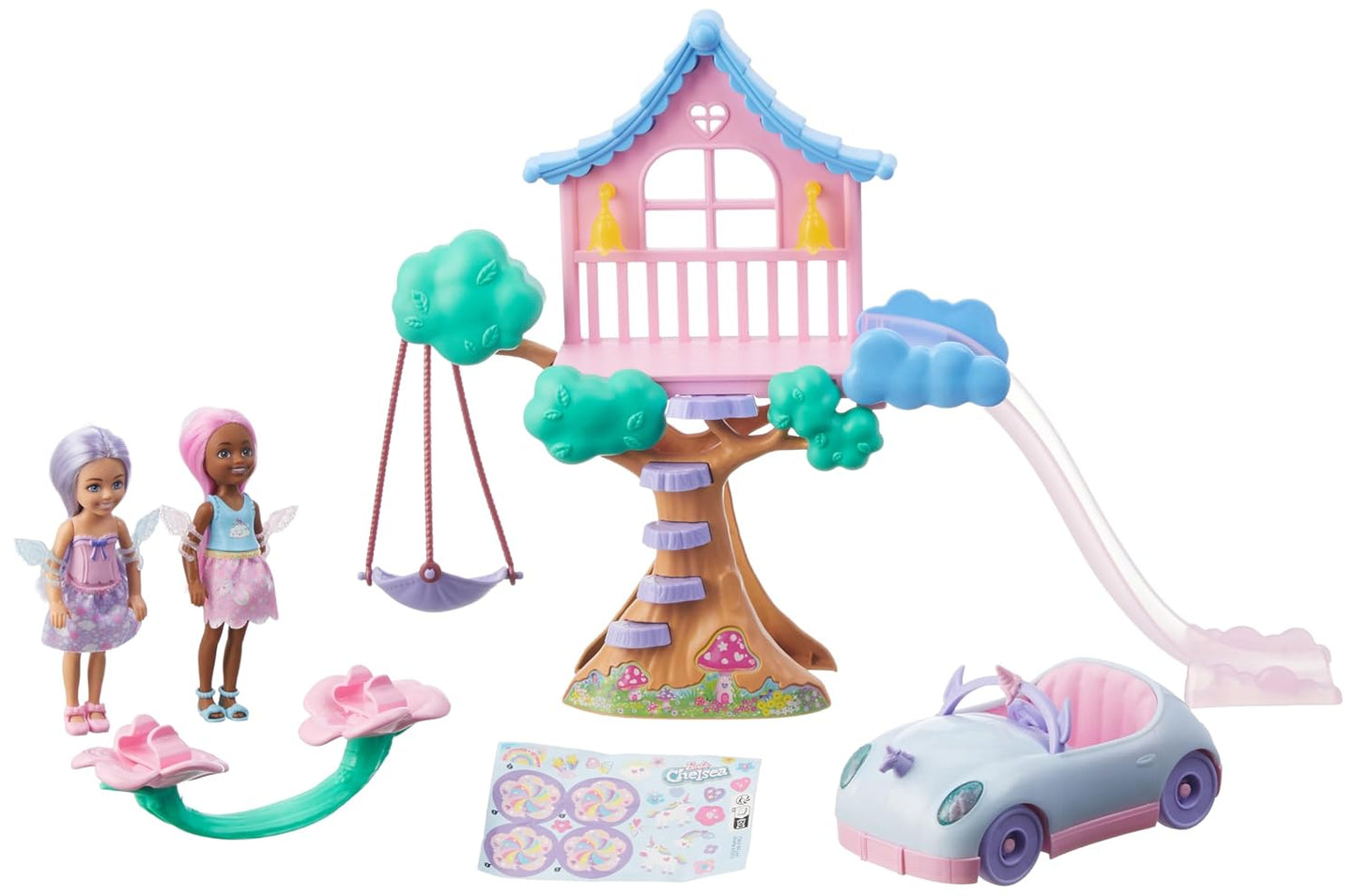 Barbie Treehouse Playset with 2 Chelsea Small Dolls, Toy Car, Swing, Slide, Seesaw, Fairy Wing Accessories & Sticker Sheet for Ages 3+