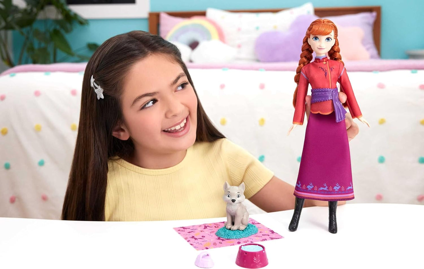 Disney Frozen Anna Fashion Doll and Wolf Cub Figure with 4 Accessories Including Pet Bed and Duvet Inspired by the Animals from Arendelle