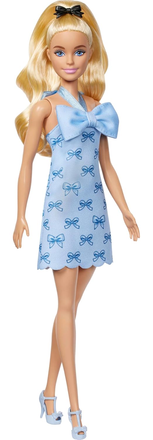 Barbie Fashionistas Doll #237 in Blue Bow Halter Dress, Blonde Ponytail With Bow Accessory for Kids Ages 3+