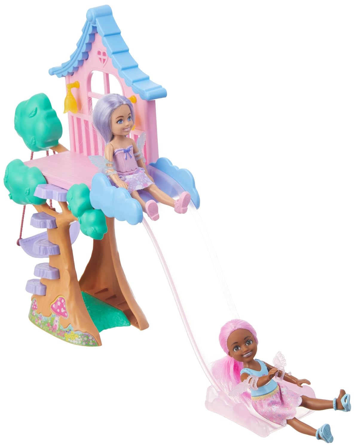 Barbie Treehouse Playset with 2 Chelsea Small Dolls, Toy Car, Swing, Slide, Seesaw, Fairy Wing Accessories & Sticker Sheet for Ages 3+