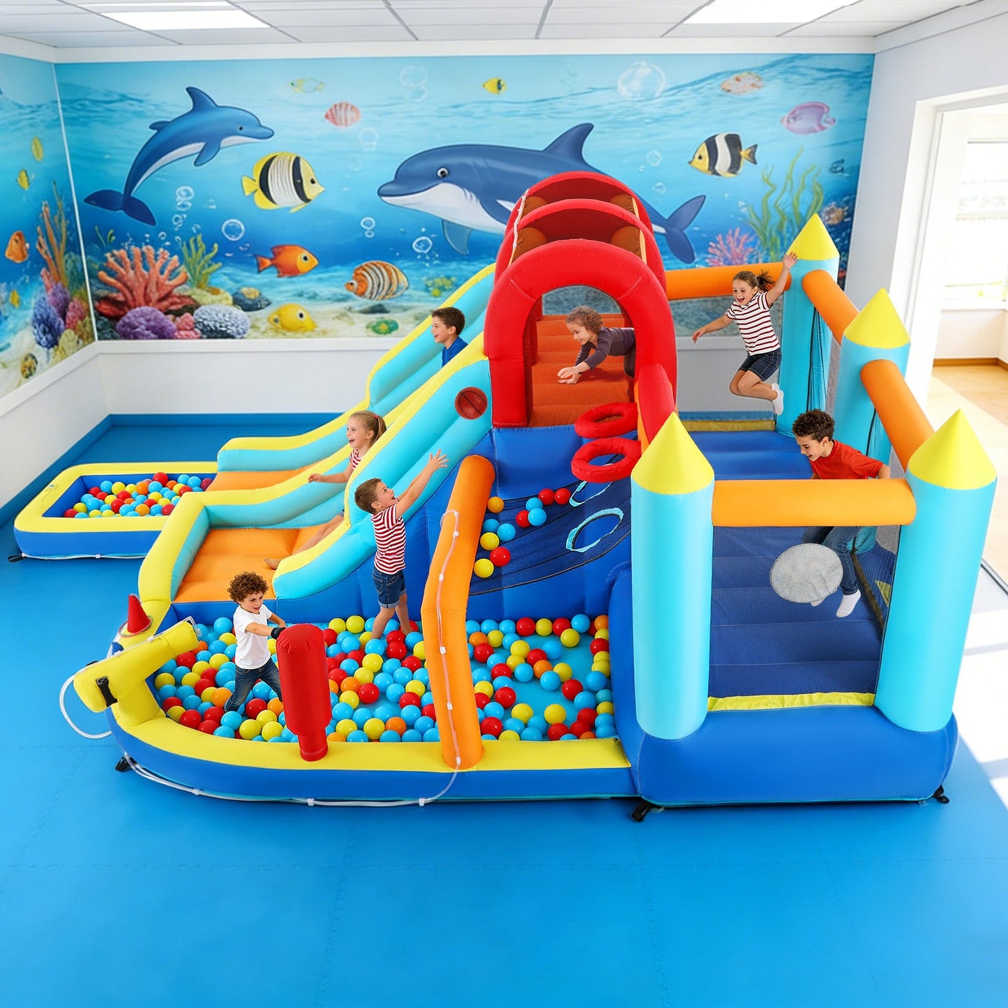Inflatable Water Slide Park, Giant Bounce House with 450W Blower, Climbing Wall, Dual Basketball Hoops & Ring Toss Games - Outdoor Backyard Jumper