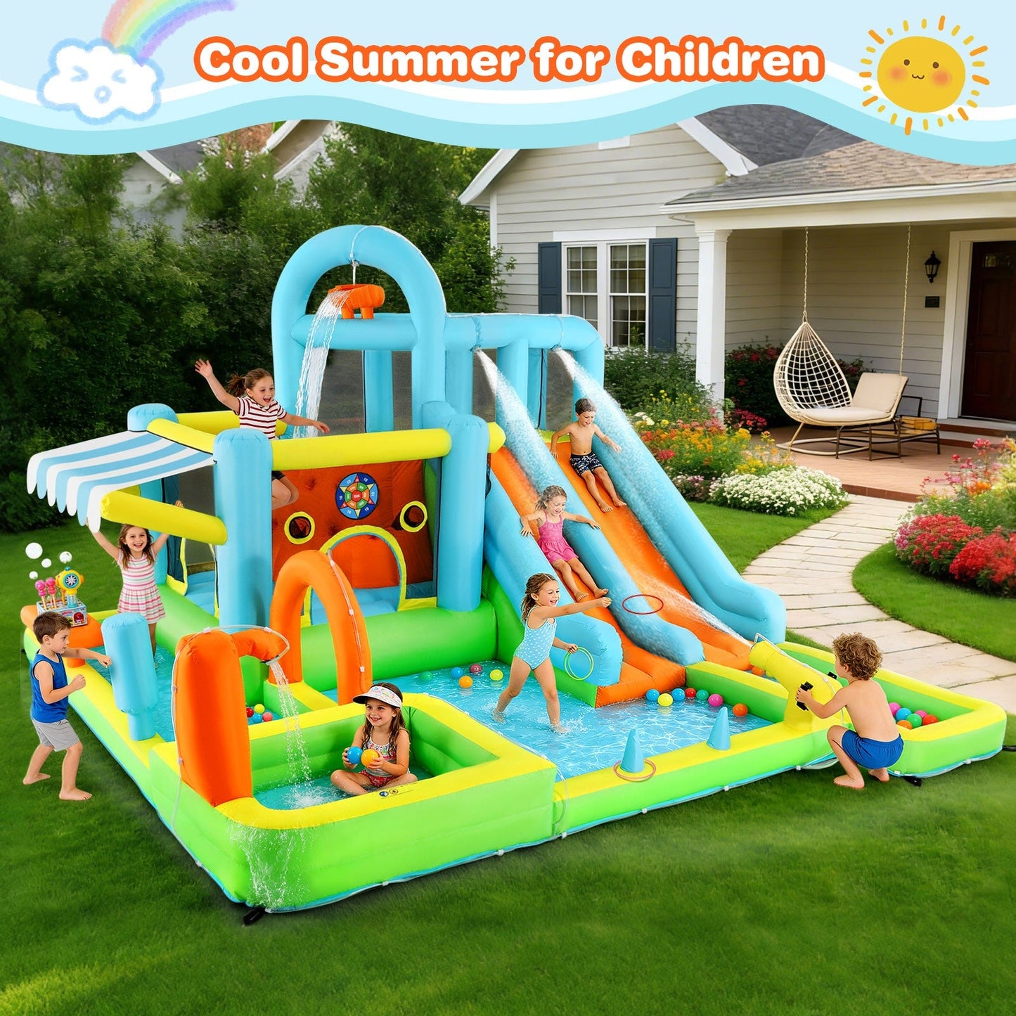Inflatable Water Slide Bounce House for Kids, Luxury Heavy Duty Blow Up Water Park with Double Slides, Climbing Wall, Splash Pool and Sunshade Awning
