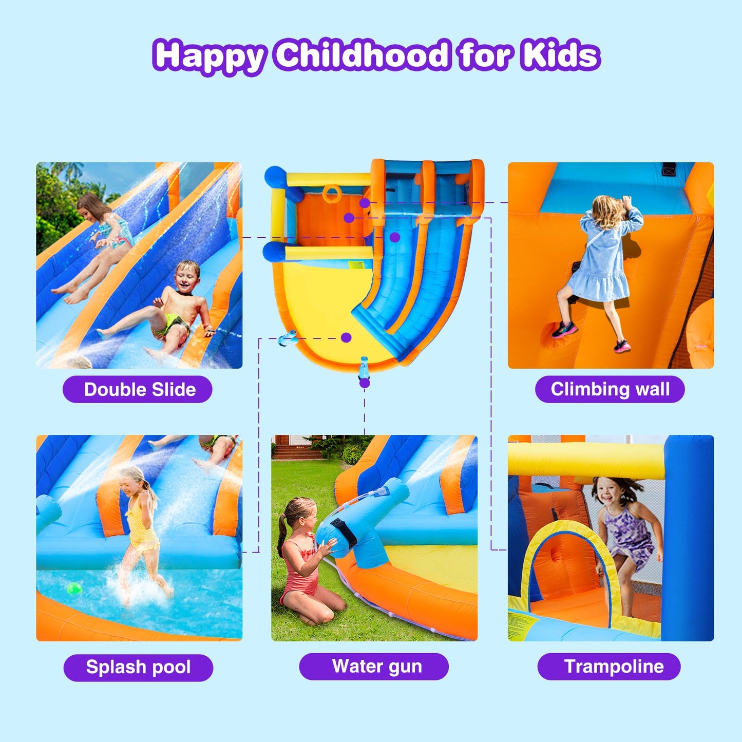 Inflatable Water Slide Bounce House,Giant Water Park, Double Slide Bouncer Castle w/Splash Pool, Jump Area, Climbing Wall, 550W Air Blower