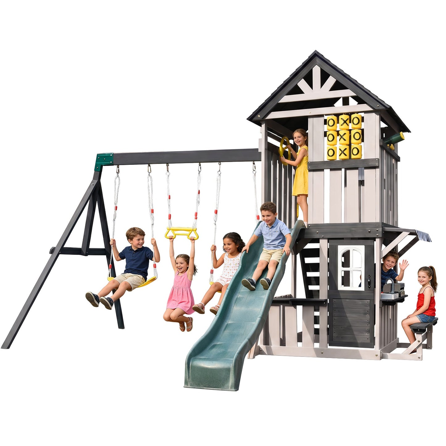Cedar Wood Swing Set with Wave Slide, Play Kitchen, Rock Wall Ladder, Belt Swings, Toy Telescope, Steering Wheel, Tic-Tac-Toe, Balconies, Outdoor Playhouse Playground Set for Backyard Garden