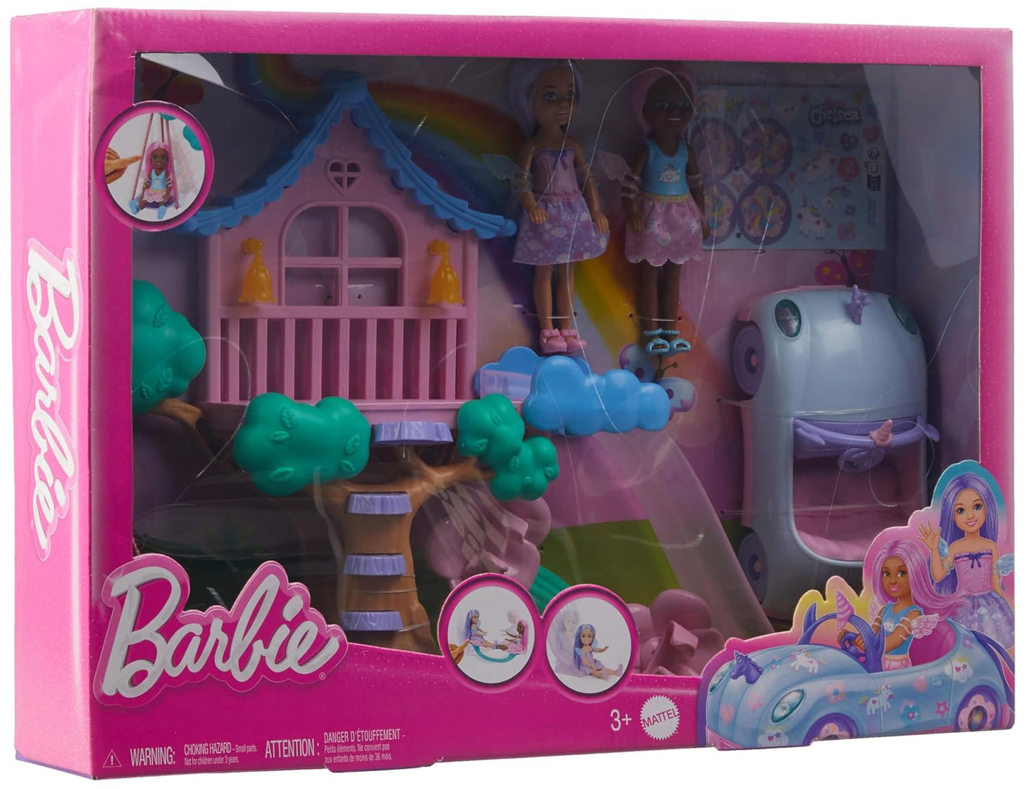 Barbie Treehouse Playset with 2 Chelsea Small Dolls, Toy Car, Swing, Slide, Seesaw, Fairy Wing Accessories & Sticker Sheet for Ages 3+