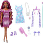 Barbie Fun & Fancy Brunette Hair Doll with Extra-Long Colorful Hair and Shimmery Pink Dress and 10 Hair and Fashion Play Accessories for Kids Ages 3+