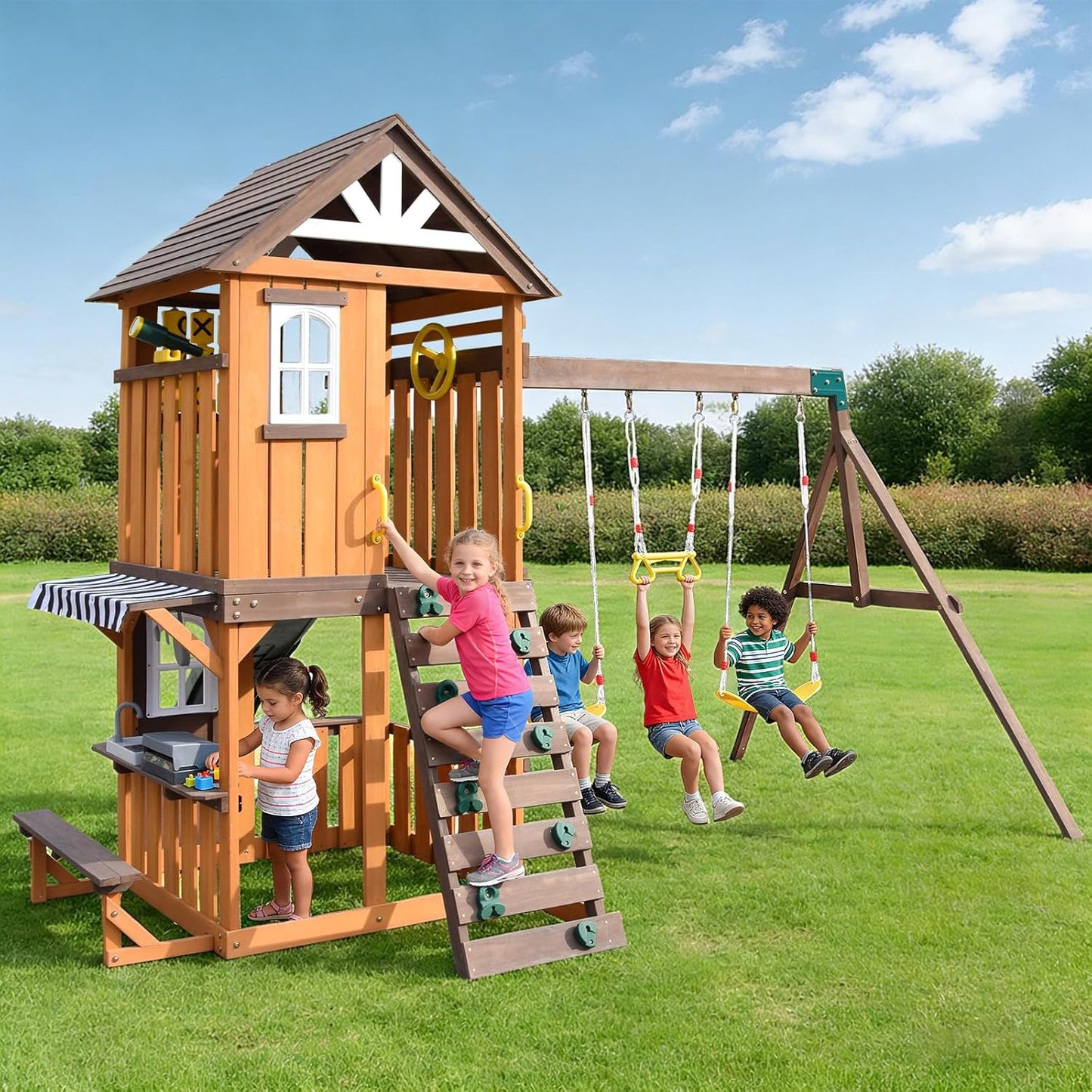 Cedar Wood Swing Set with Wave Slide, Play Kitchen, Rock Wall Ladder, Belt Swings, Toy Telescope, Steering Wheel, Tic-Tac-Toe, Balconies, Outdoor Playhouse Playground Set for Backyard Garden