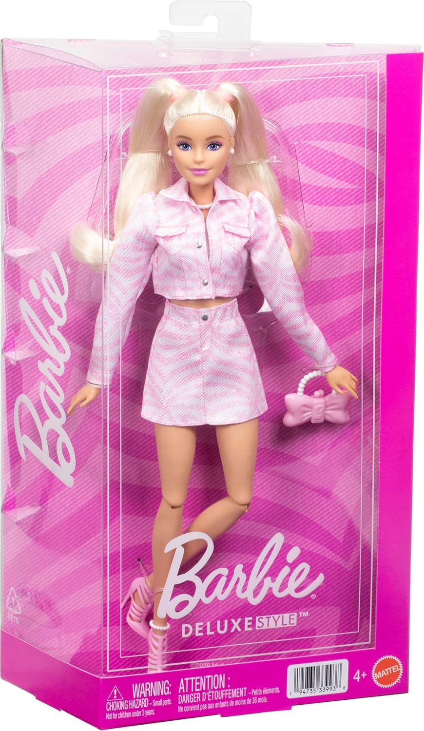 Barbie Deluxe Style Fashion Blonde Doll #9 in Matching Pink Denim Jacket & Skirt Set for Kids Ages 3 Years+
