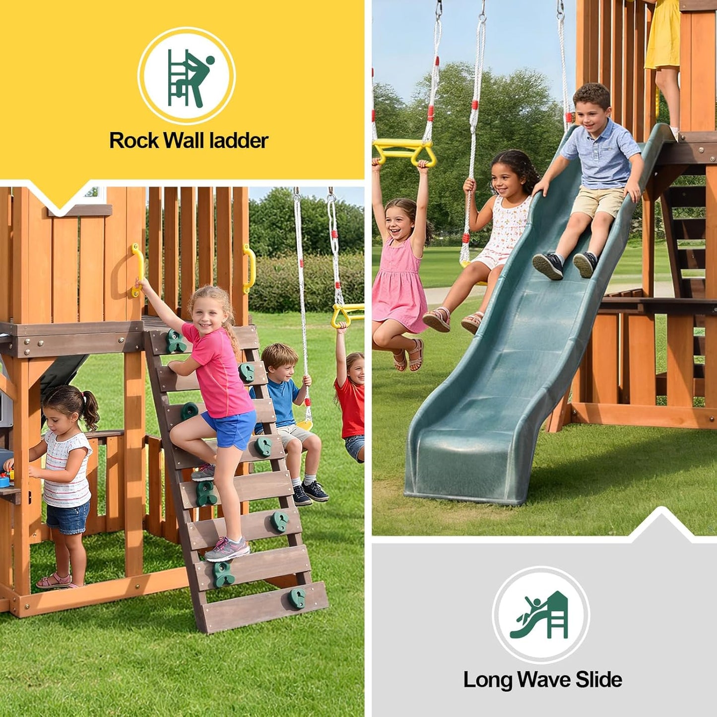 Cedar Wood Swing Set with Wave Slide, Play Kitchen, Rock Wall Ladder, Belt Swings, Toy Telescope, Steering Wheel, Tic-Tac-Toe, Balconies, Outdoor Playhouse Playground Set for Backyard Garden