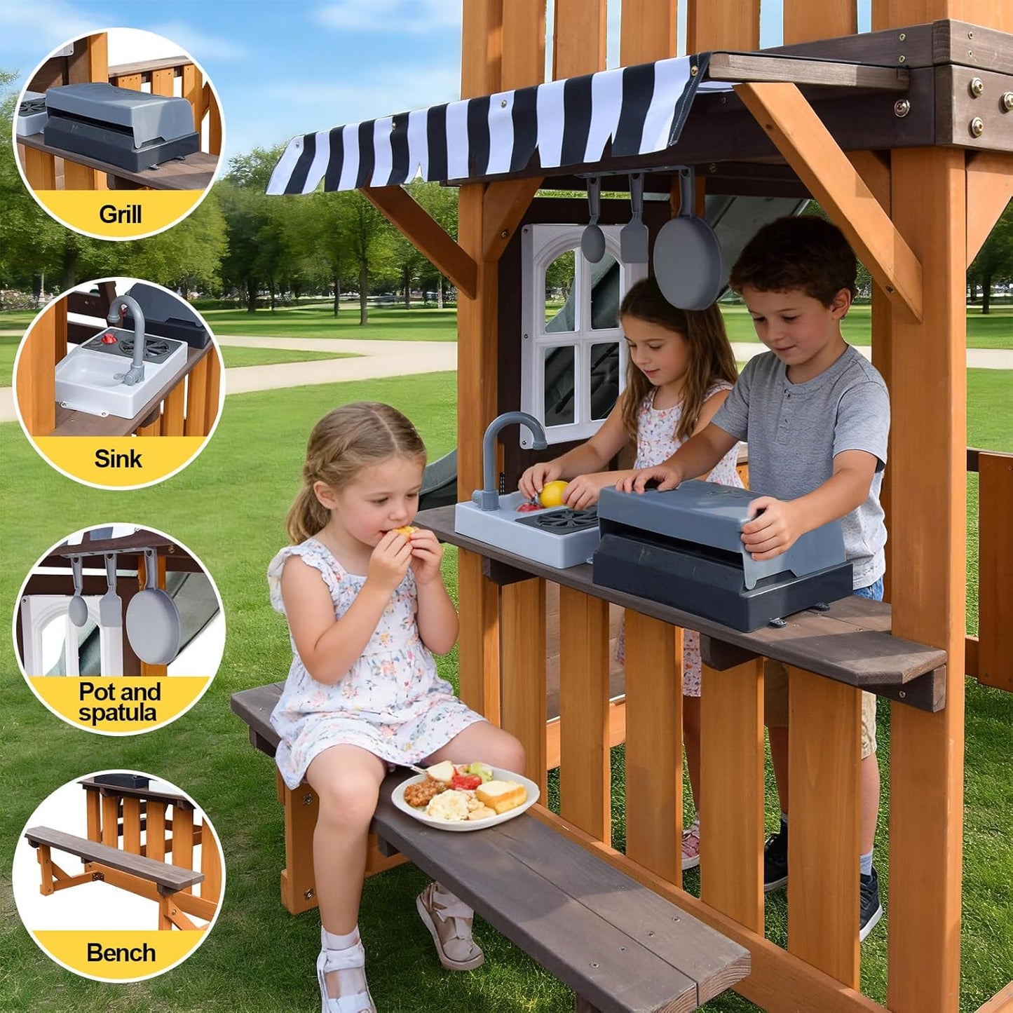 Cedar Wood Swing Set with Wave Slide, Play Kitchen, Rock Wall Ladder, Belt Swings, Toy Telescope, Steering Wheel, Tic-Tac-Toe, Balconies, Outdoor Playhouse Playground Set for Backyard Garden