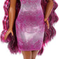 Barbie Fun & Fancy Brunette Hair Doll with Extra-Long Colorful Hair and Shimmery Pink Dress and 10 Hair and Fashion Play Accessories for Kids Ages 3+