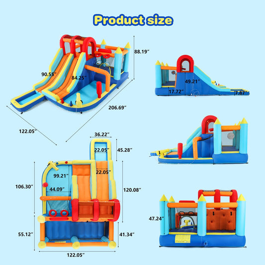 Inflatable Water Slide Park, Giant Bounce House with 450W Blower, Climbing Wall, Dual Basketball Hoops & Ring Toss Games - Outdoor Backyard Jumper