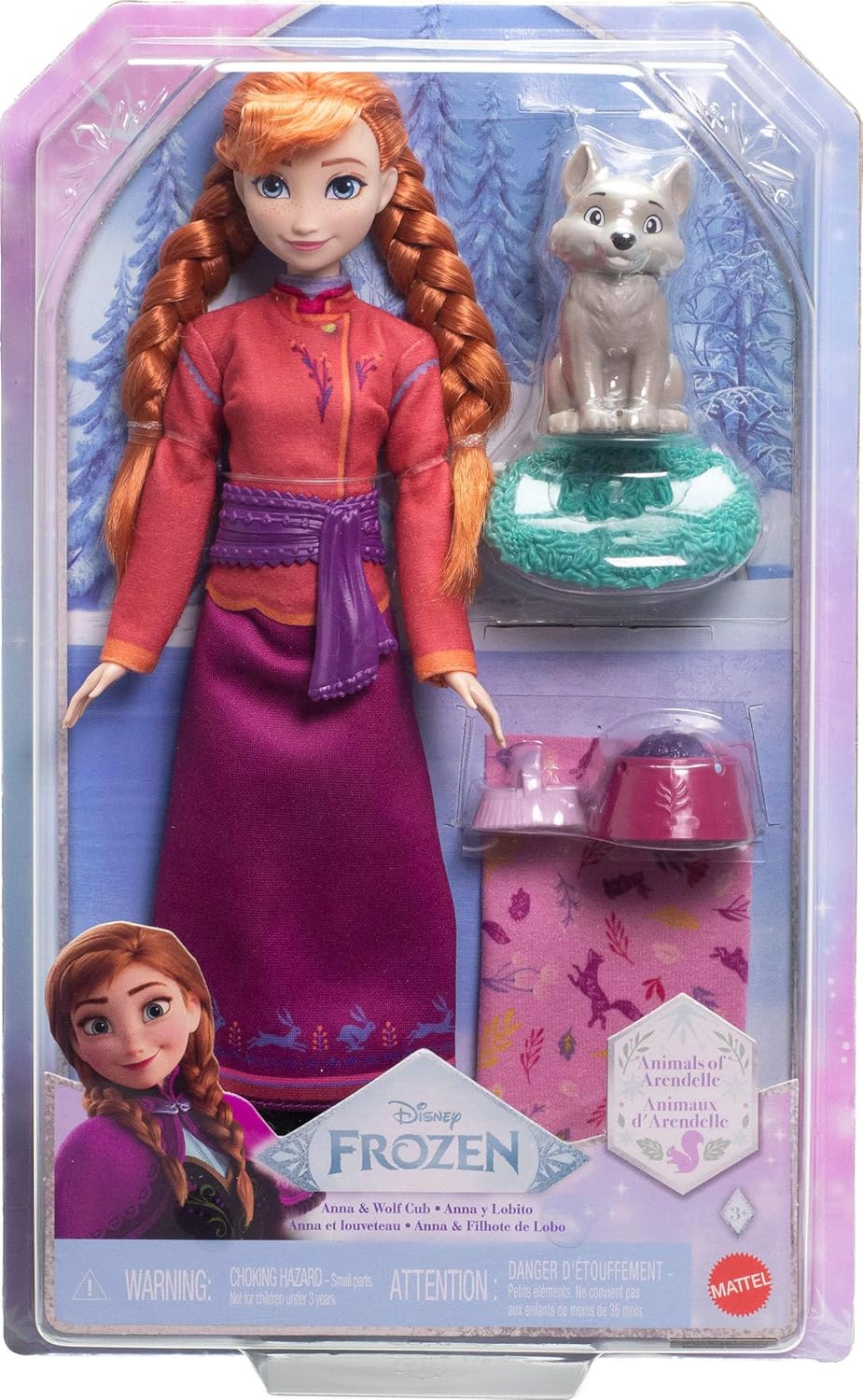 Disney Frozen Anna Fashion Doll and Wolf Cub Figure with 4 Accessories Including Pet Bed and Duvet Inspired by the Animals from Arendelle