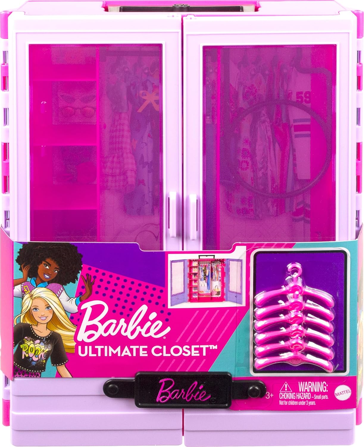 Barbie Fashionistas Ultimate Closet Accessory, Translucent Doors, Storage Spaces, Fold-Out Rack, 6 Hangers, Great Gift for 3 Years Old & Up