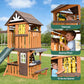 Cedar Wood Swing Set with Wave Slide, Play Kitchen, Rock Wall Ladder, Belt Swings, Toy Telescope, Steering Wheel, Tic-Tac-Toe, Balconies, Outdoor Playhouse Playground Set for Backyard Garden