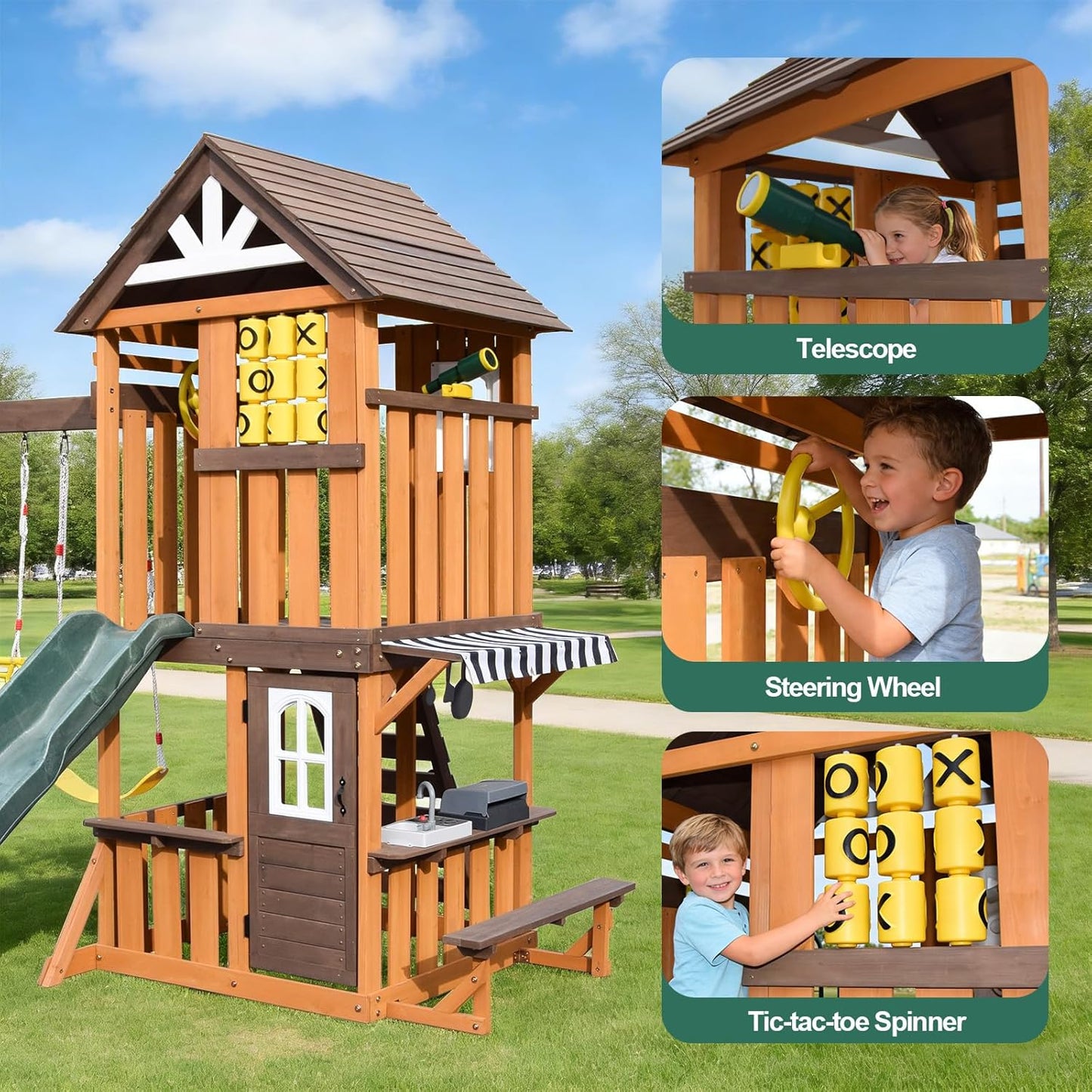 Cedar Wood Swing Set with Wave Slide, Play Kitchen, Rock Wall Ladder, Belt Swings, Toy Telescope, Steering Wheel, Tic-Tac-Toe, Balconies, Outdoor Playhouse Playground Set for Backyard Garden