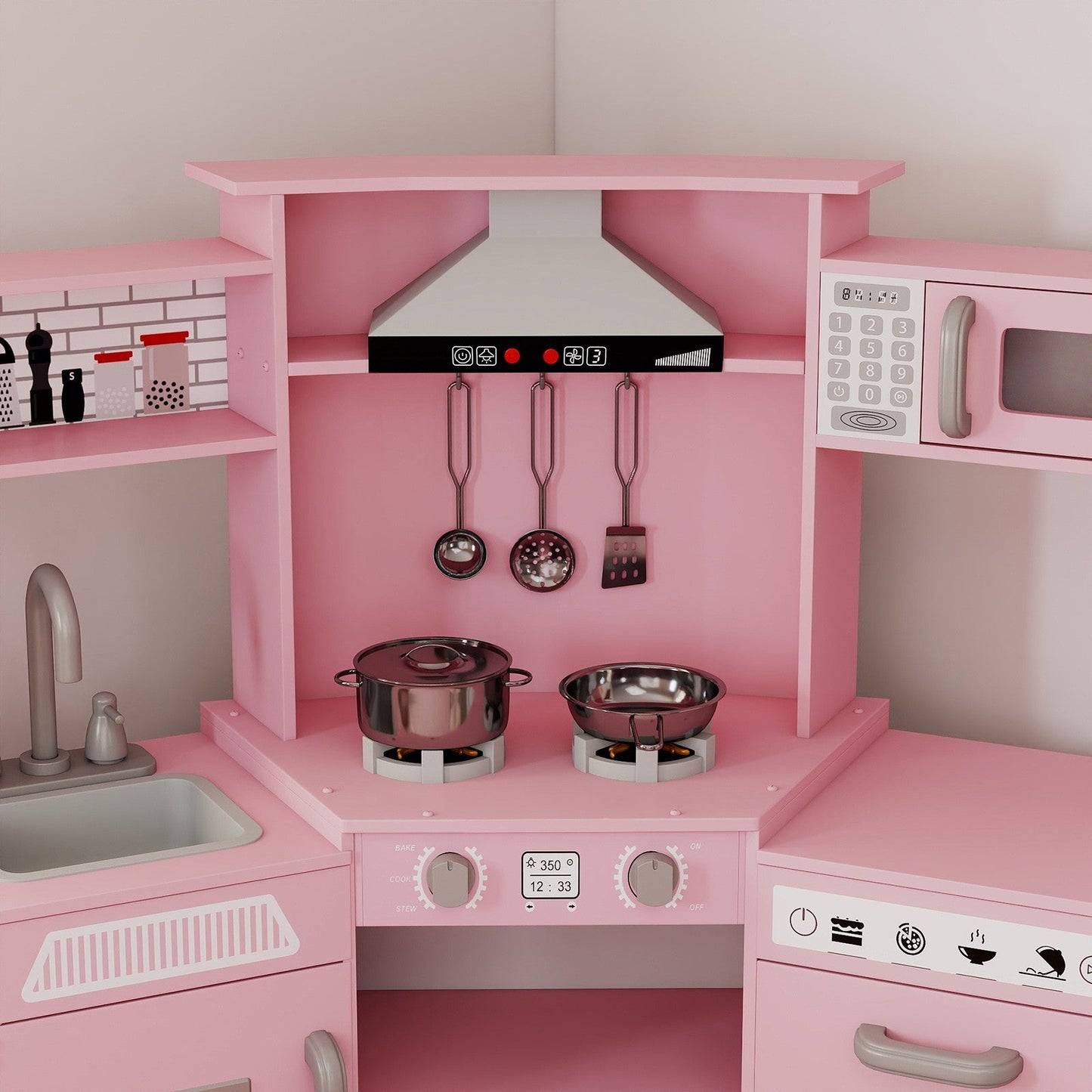 Kids Play Kitchen,Corner Wooden Pretend Toddler Kitchen Toys Playset with Realistic Lights & Sounds,Microwave Oven,Water Dispenser, Phone, Sink,Cooking Accessories, for Ages 3+