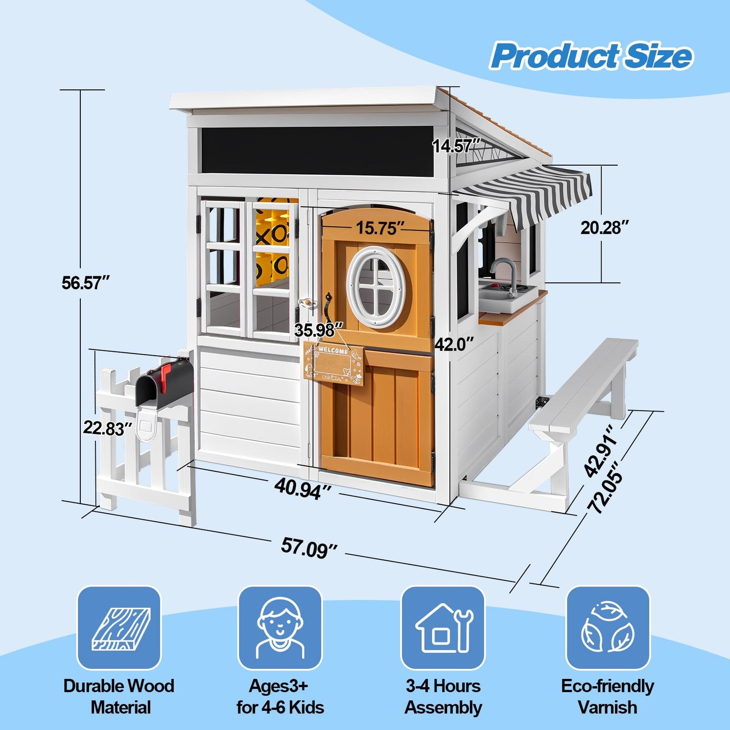 Kids Outdoor Playhouse, Large Cedar Wooden Playhouse with Play Kitchen, Tic-Tac-Toe, Chalkboard, Doorbell, Dutch Door & Pet Door for Backyard & Garden Play
