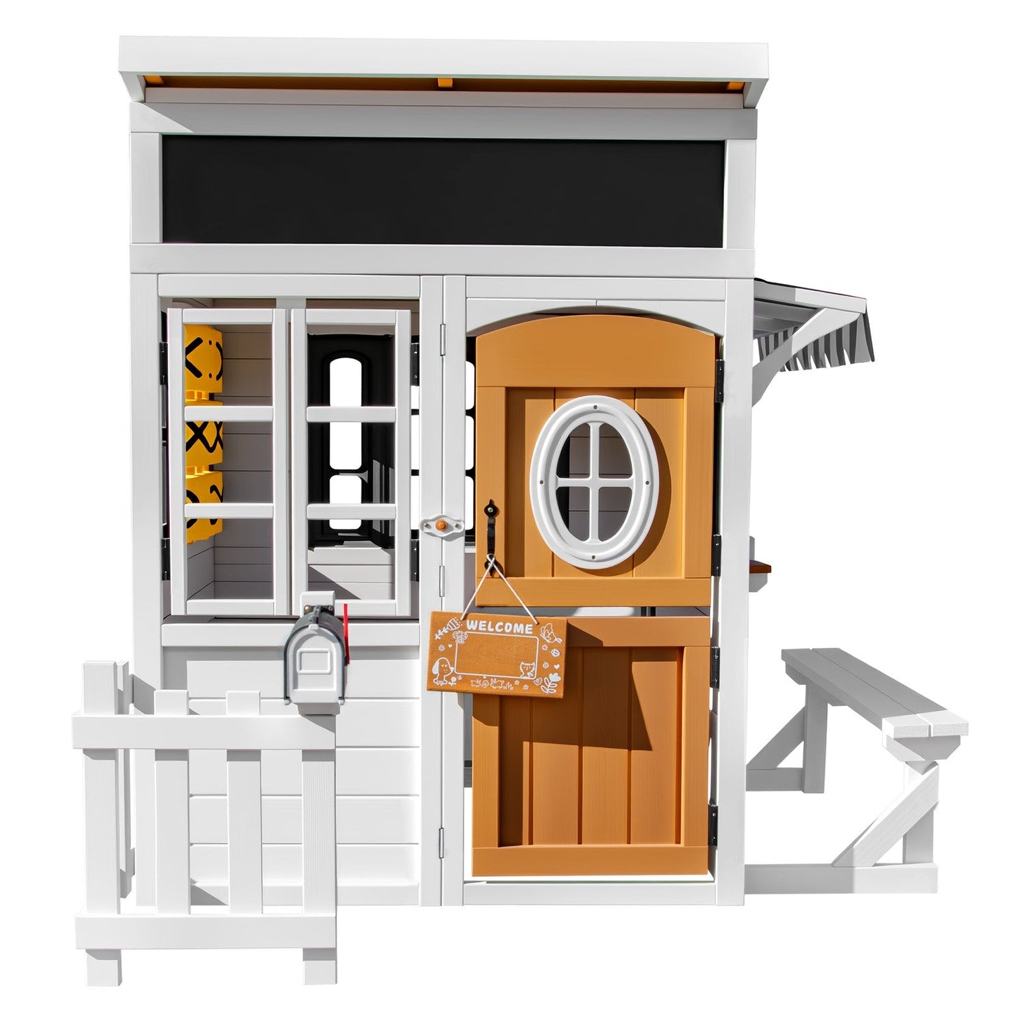 Kids Outdoor Playhouse, Large Cedar Wooden Playhouse with Play Kitchen, Tic-Tac-Toe, Chalkboard, Doorbell, Dutch Door & Pet Door for Backyard & Garden Play