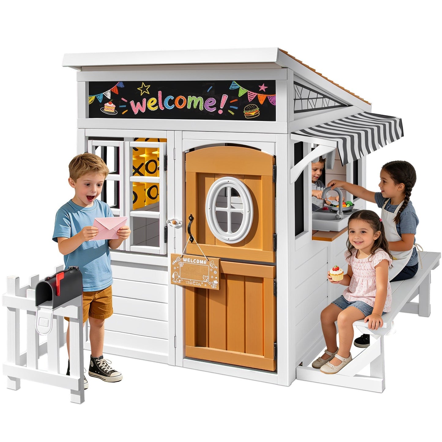 Kids Outdoor Playhouse, Large Cedar Wooden Playhouse with Play Kitchen, Tic-Tac-Toe, Chalkboard, Doorbell, Dutch Door & Pet Door for Backyard & Garden Play