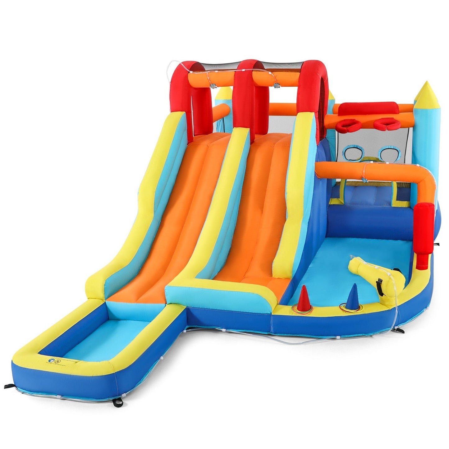 Inflatable Water Slide Park, Giant Bounce House with 450W Blower, Climbing Wall, Dual Basketball Hoops & Ring Toss Games - Outdoor Backyard Jumper
