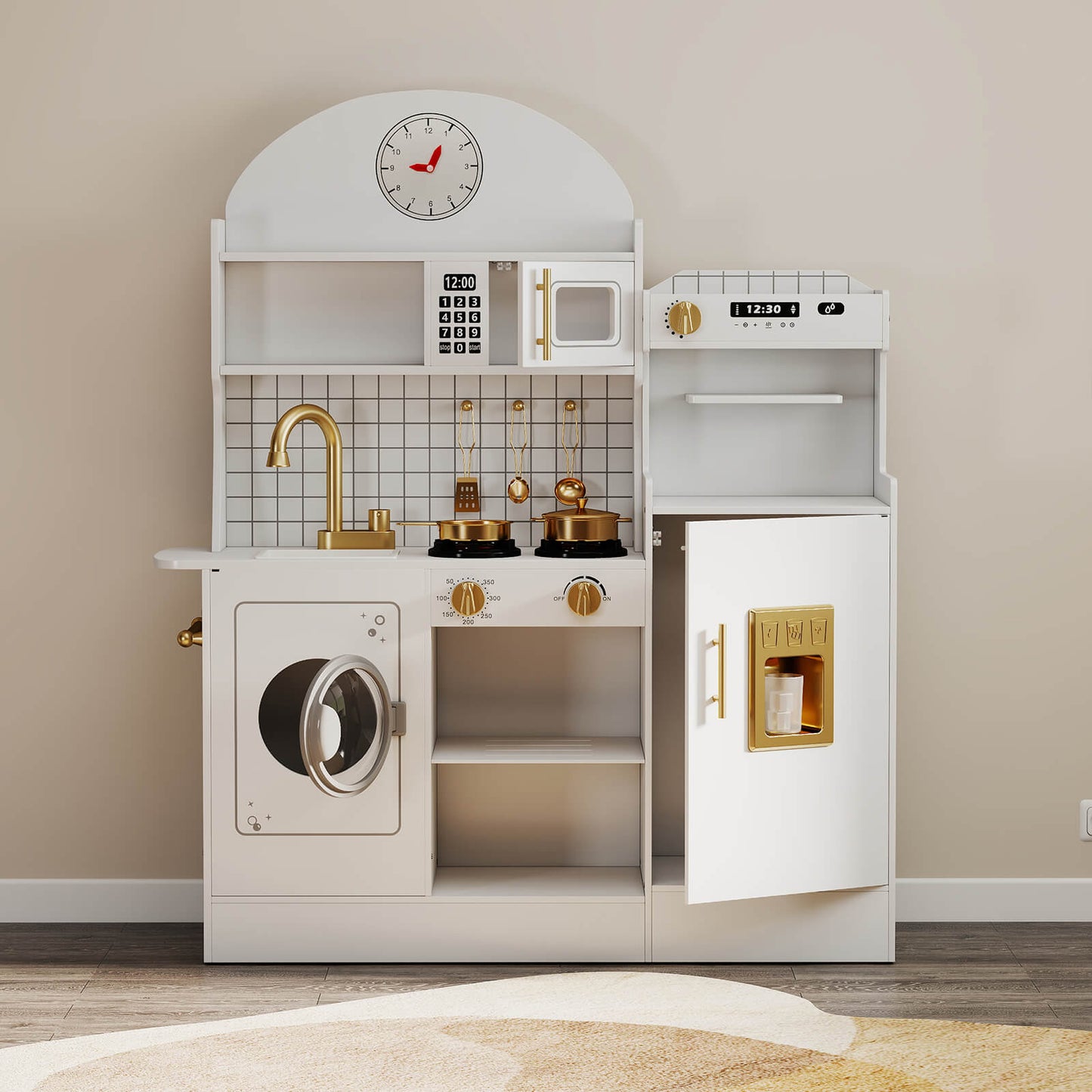 Kids Play Kitchen Set, Pretend Wooden Kid Kitchen Playset Toy Kitchen w/Sound and Light, Oven, Washing Machine, Toy Coffee Station and Toddler Kitchen Accessories for Kids Age 3+