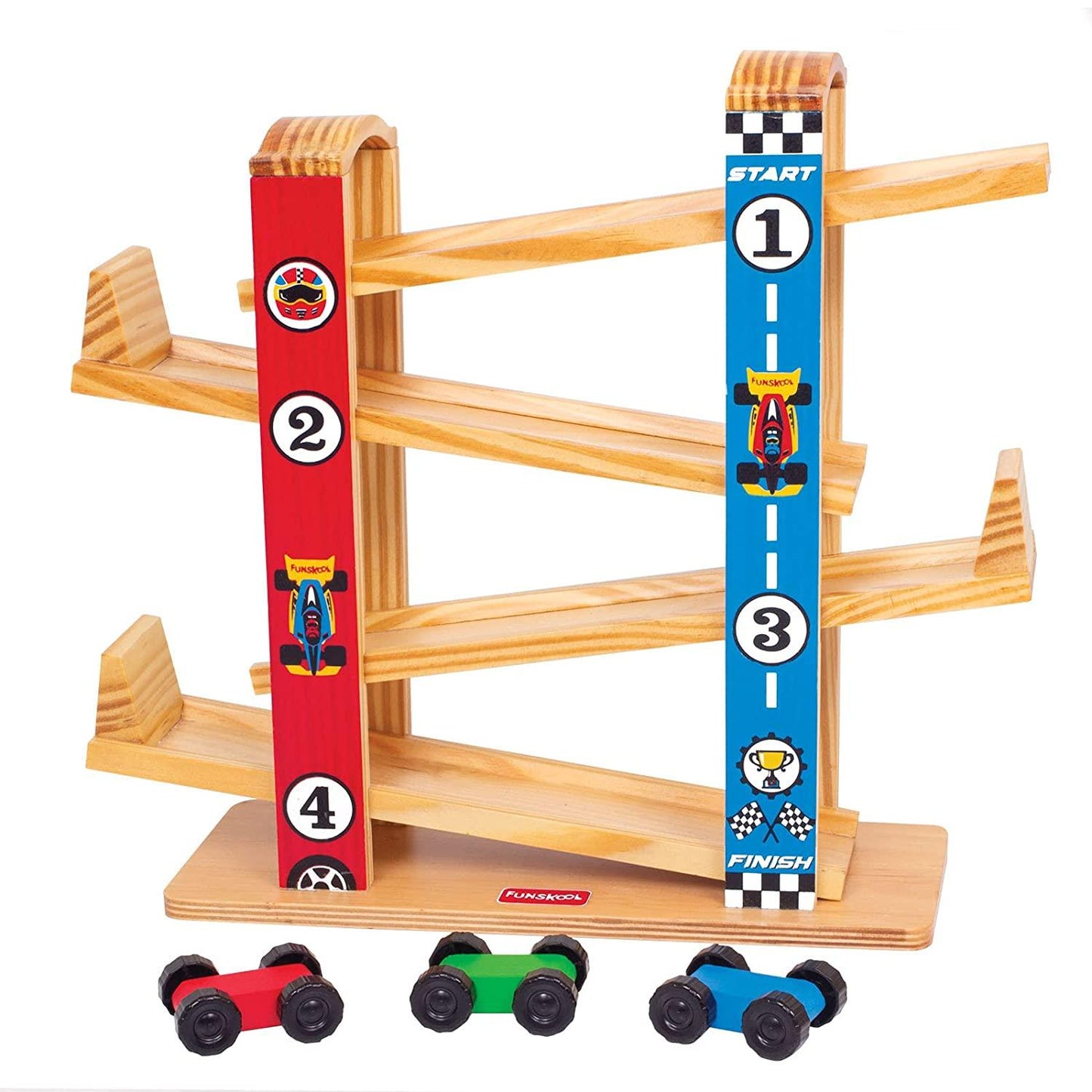 Funskool Giggles Ramp Racer - Wooden Racing Toy with 3 Mini Cars for Ages 2+