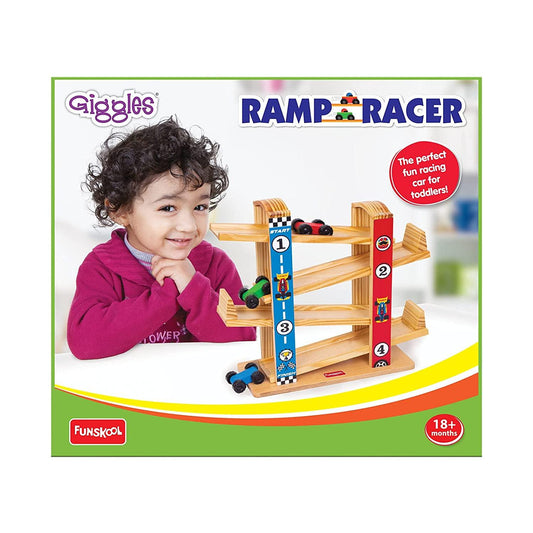 Funskool Giggles Ramp Racer - Wooden Racing Toy with 3 Mini Cars for Ages 2+
