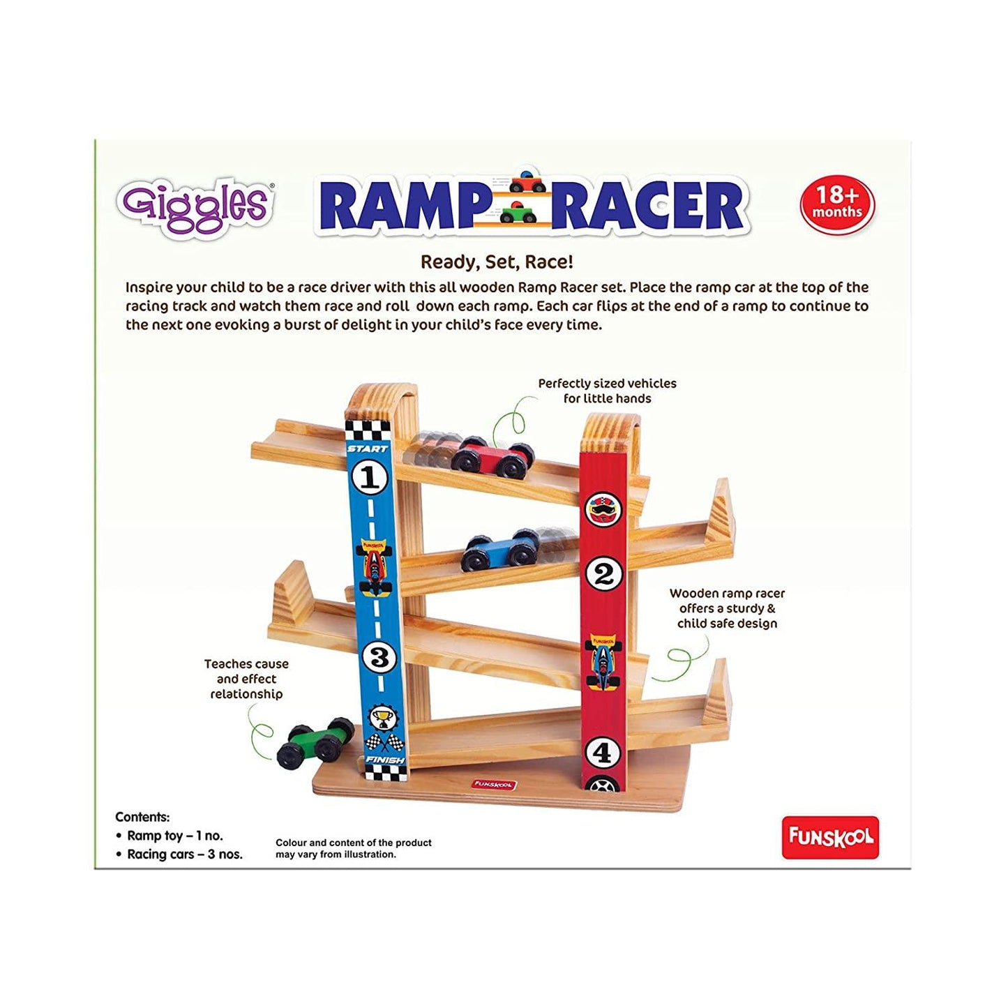 Funskool Giggles Ramp Racer - Wooden Racing Toy with 3 Mini Cars for Ages 2+