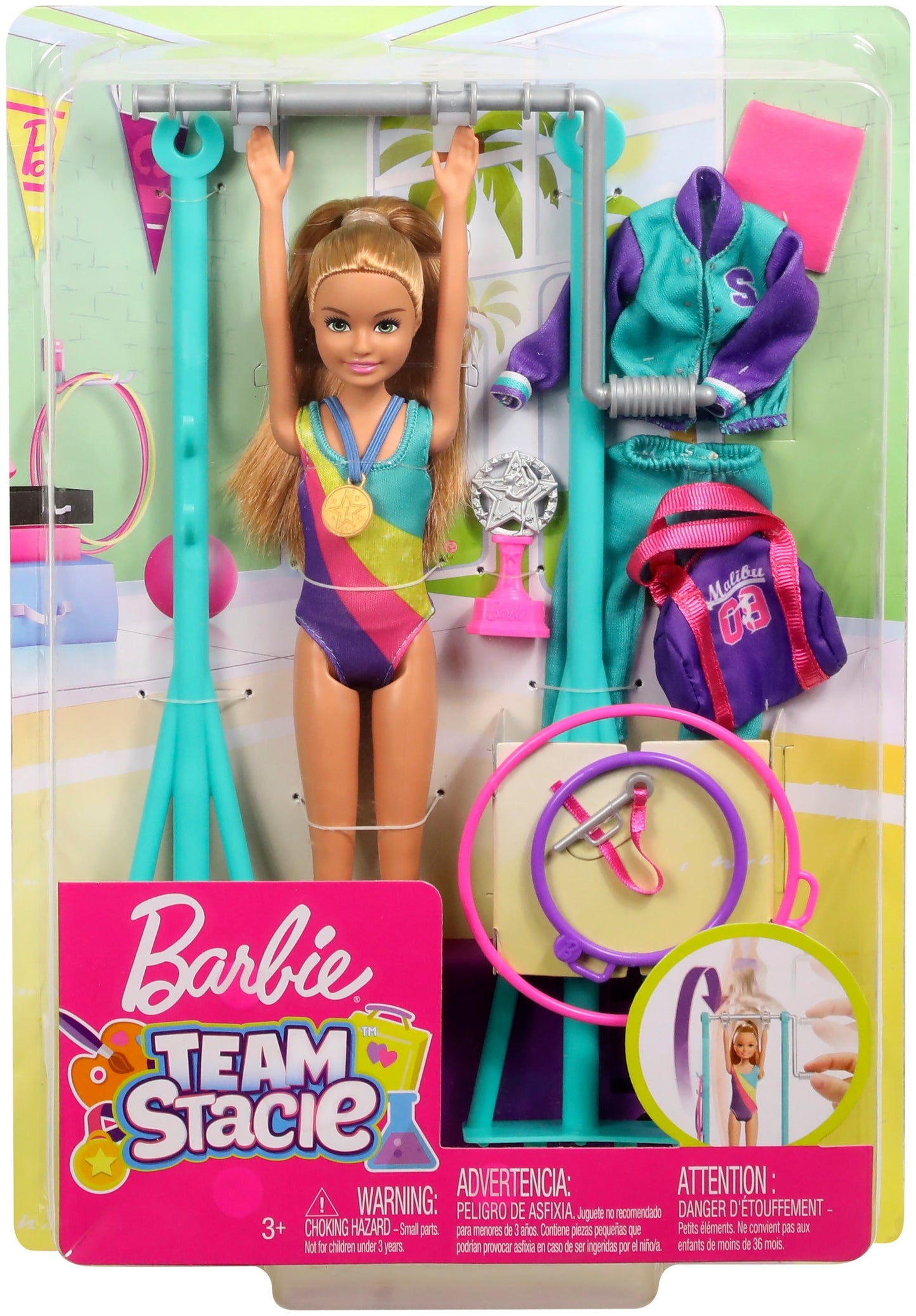 Barbie Team Stacie Doll and Gymnastics Playset with Spinning Bar and 7 Themed Accessories for Kids Ages 3+