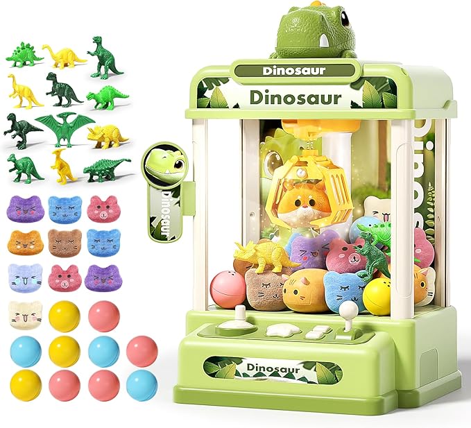 STACTCUTE 32PCS Dinosaur Claw Machine for Kids (Small) | Mini Vending Machine with Music & Adjustable Volume, Electronic Arcade Game Prize Dispenser for Birthday Toys Gifts Age 3+