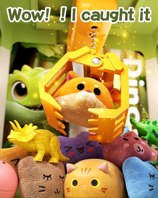 STACTCUTE 32PCS Dinosaur Claw Machine for Kids (Small) | Mini Vending Machine with Music & Adjustable Volume, Electronic Arcade Game Prize Dispenser for Birthday Toys Gifts Age 3+