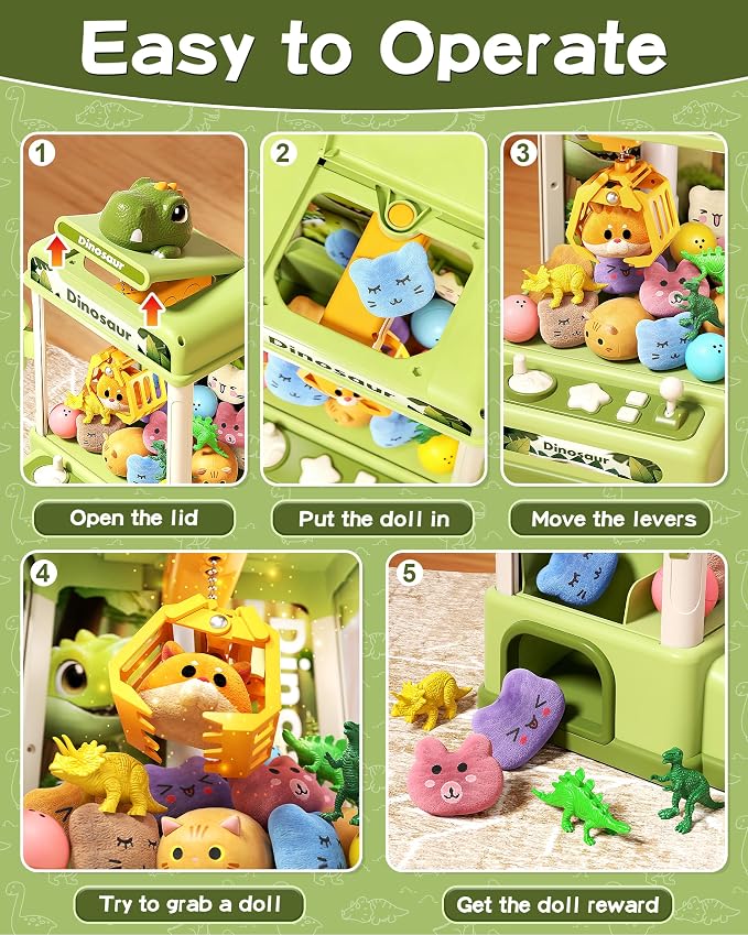 STACTCUTE 32PCS Dinosaur Claw Machine for Kids (Small) | Mini Vending Machine with Music & Adjustable Volume, Electronic Arcade Game Prize Dispenser for Birthday Toys Gifts Age 3+