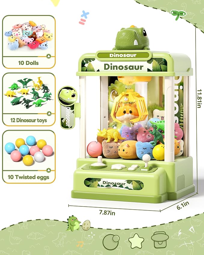 STACTCUTE 32PCS Dinosaur Claw Machine for Kids (Small) | Mini Vending Machine with Music & Adjustable Volume, Electronic Arcade Game Prize Dispenser for Birthday Toys Gifts Age 3+