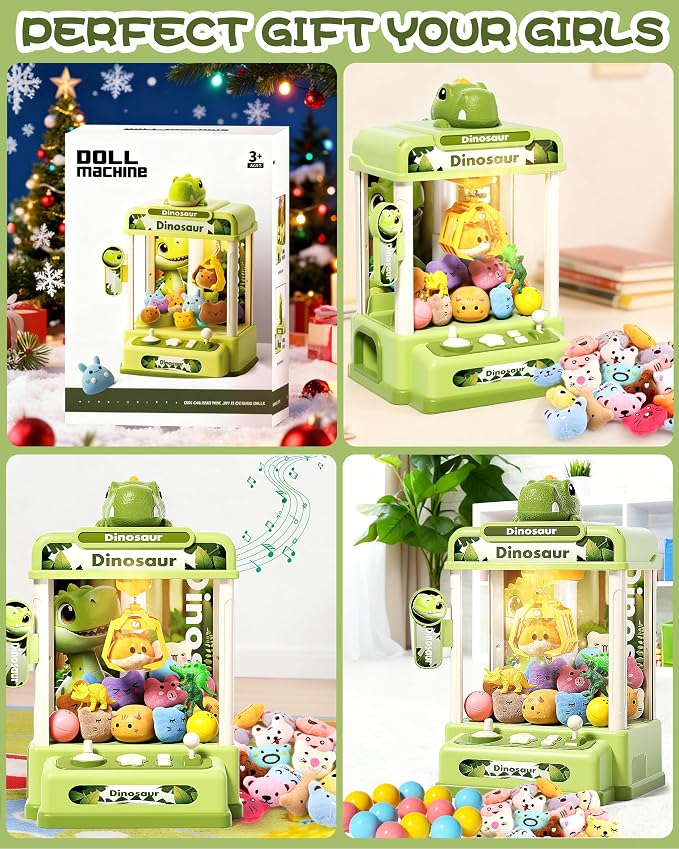 STACTCUTE 32PCS Dinosaur Claw Machine for Kids (Small) | Mini Vending Machine with Music & Adjustable Volume, Electronic Arcade Game Prize Dispenser for Birthday Toys Gifts Age 3+