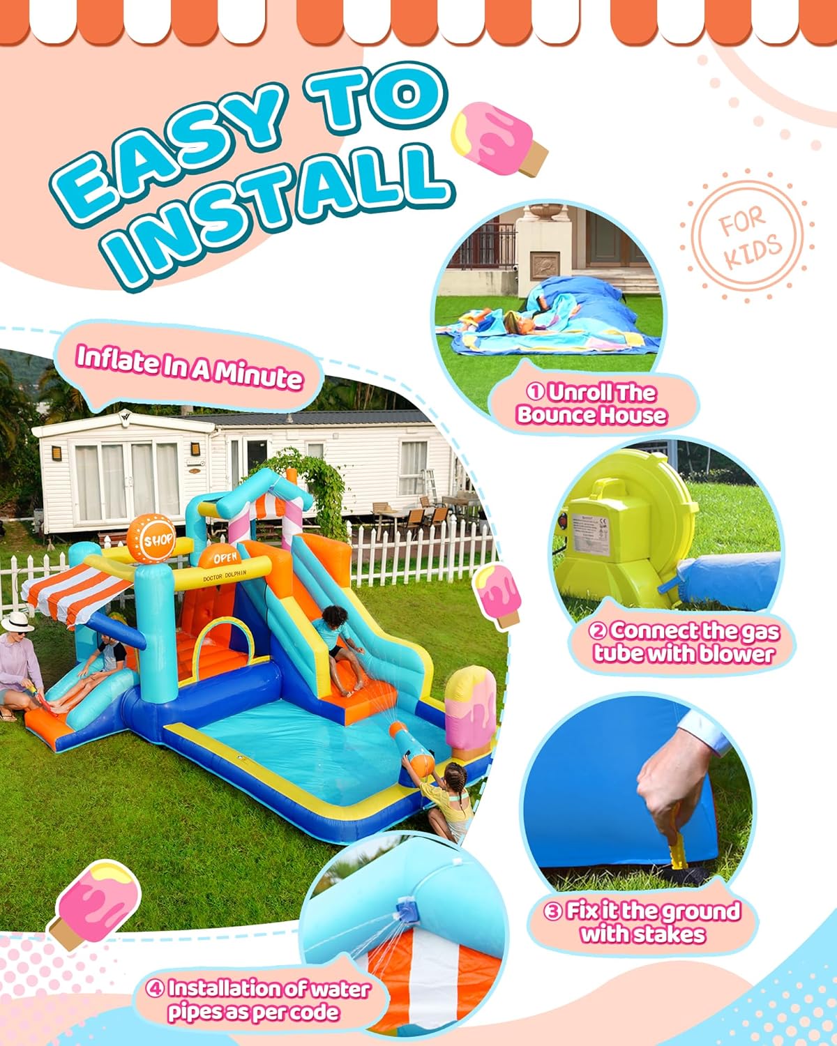 Candy House Inflatable Water Park for Kids with Slide, Pool & Water Cannon