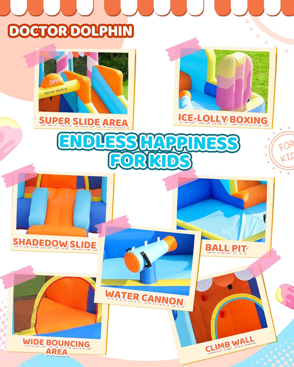Candy House Inflatable Water Park for Kids with Slide, Pool & Water Cannon