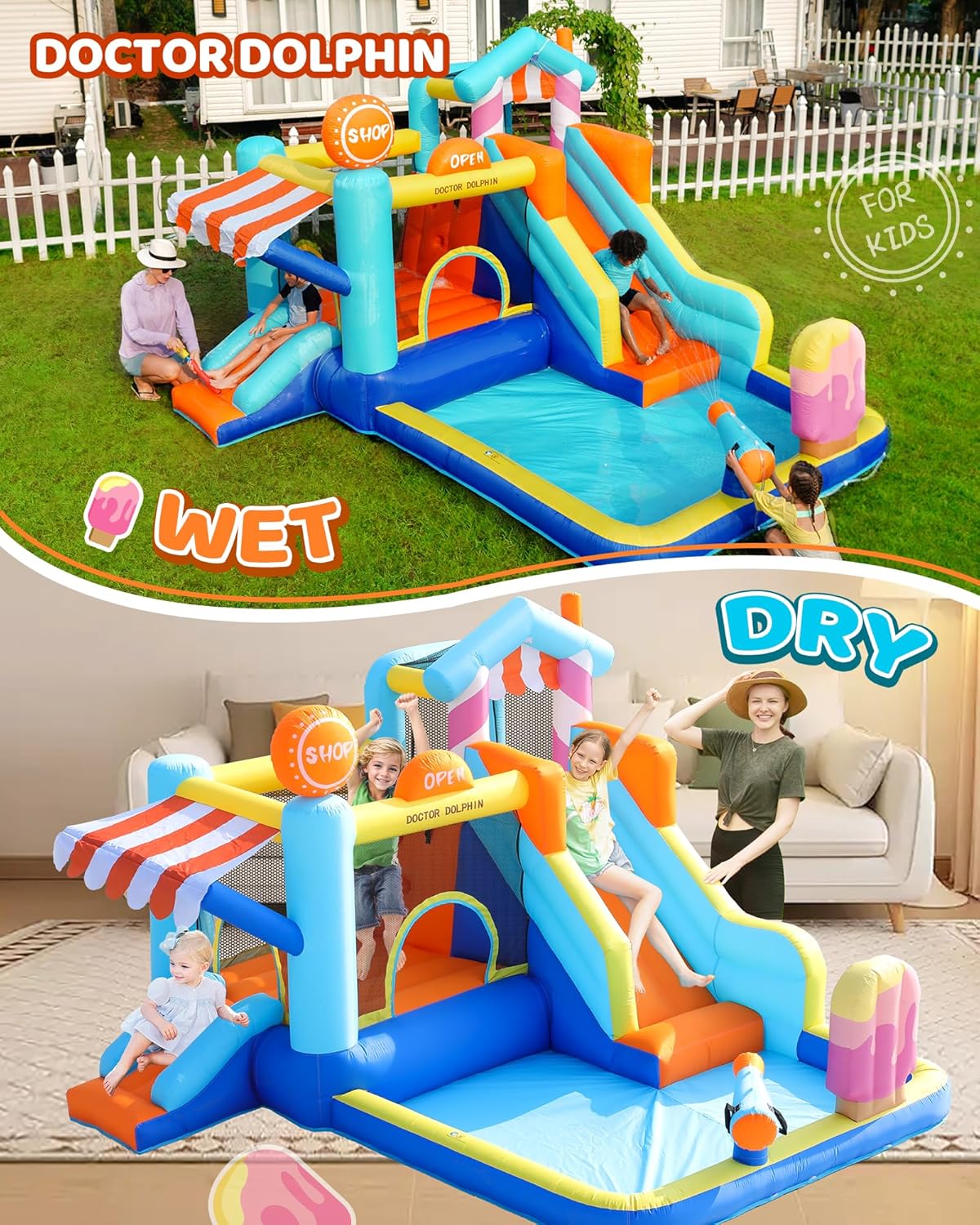 Candy House Inflatable Water Park for Kids with Slide, Pool & Water Cannon